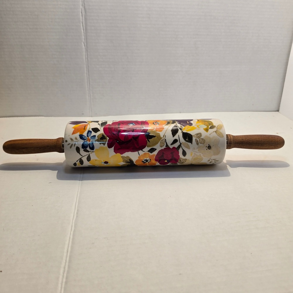 Pioneer Woman Floral Ceramic Rolling Pin with Wood Handles Multi-Color Baking
